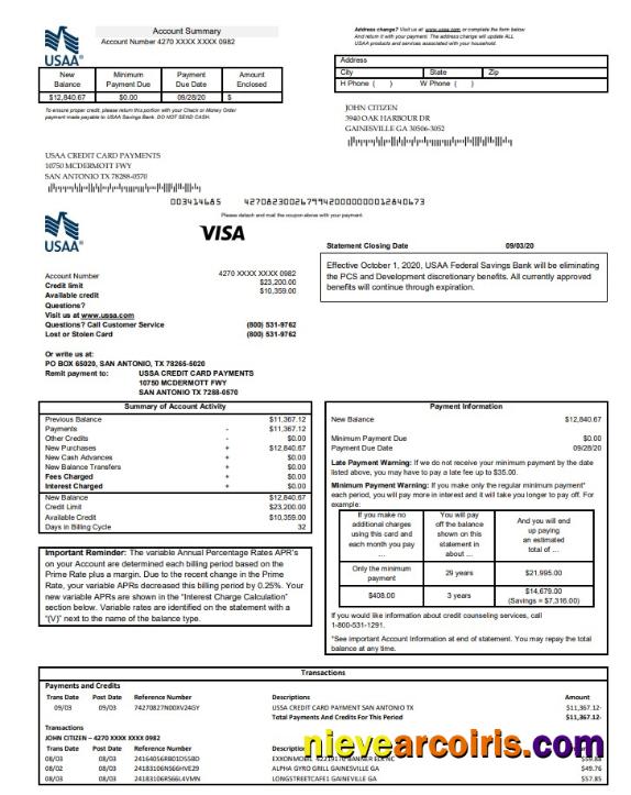 USA USAA bank Credit card statement